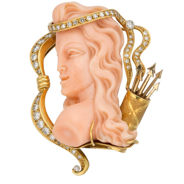 Diamond, Coral, Gold Brooch