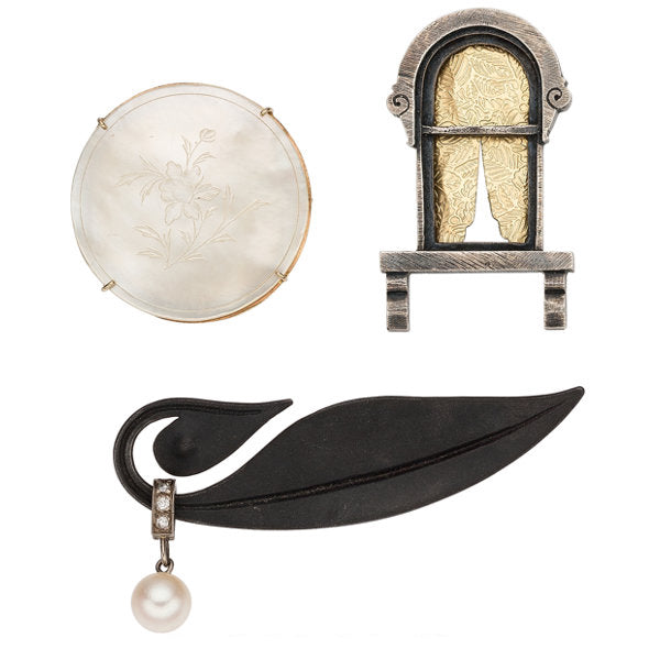 Diamond, Cultured Pearl, Mother-of-Pearl, Gold, Sterling Silver, Steel Brooches