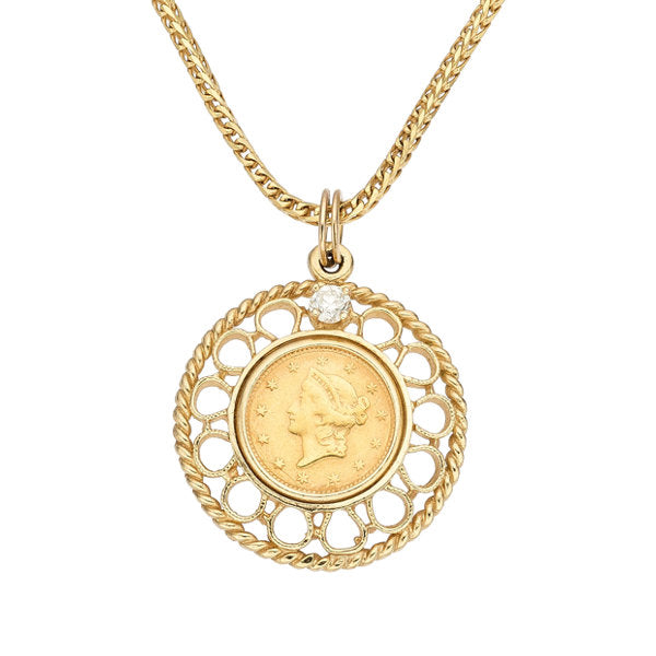 Diamond, U.S. Gold Coin, Gold Pendant-Necklace