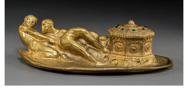 Tiffany Studios Gilt Bronze and Jeweled Treasure Chest Inkwell