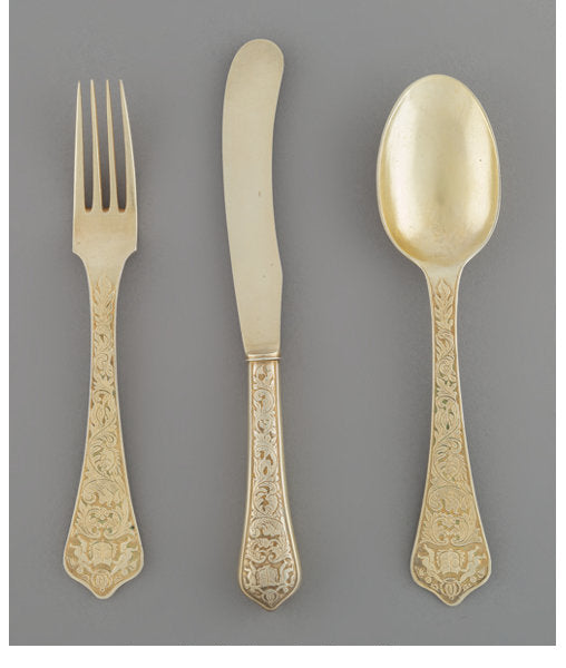 A Fifty-Four Piece British and Swedish Partial Gilt Silver Flatware Service for Eighteen in Original Fitted Case