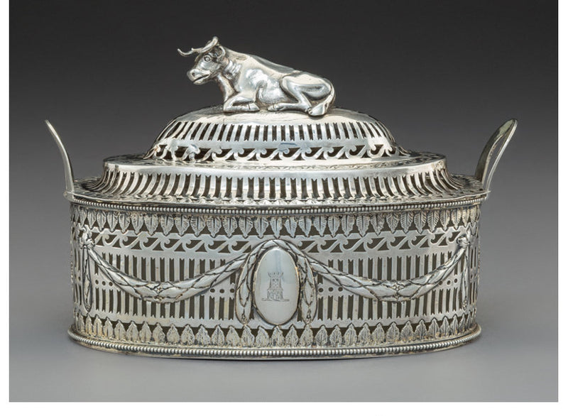 A Michael Hormer Silver Covered Butter Dish with Couchant Cow-Form Finial, Dublin, Ireland, late 18th century . Marks