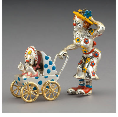 A Three Piece Tiffany & Co. Silver and Enamel Circus Clown Mother and Baby in Carriage