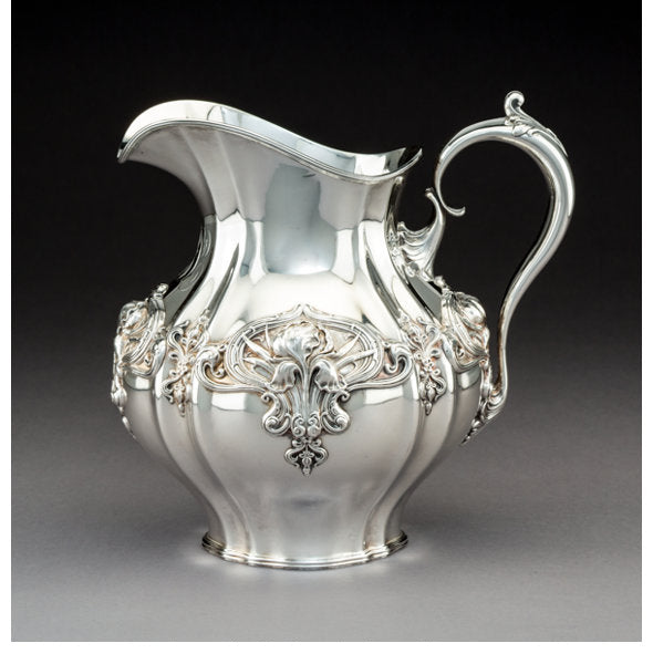 A Whiting Art Nouveau Silver Water Pitcher with Iris Motif