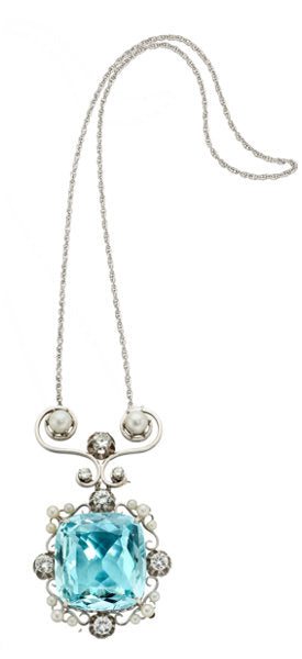 Aquamarine, Diamond, Cultured Pearl, White Gold Pendant-Necklace