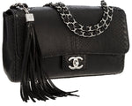 Chanel Black Python Medium Flap Bag with Tassel & Silver Hardware