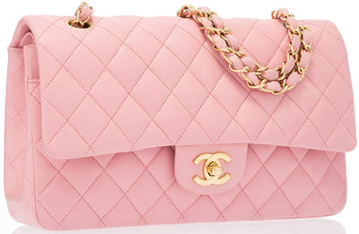 Chanel Pink Quilted Lambskin Leather Medium Double Flap Bag with Gold Hardware