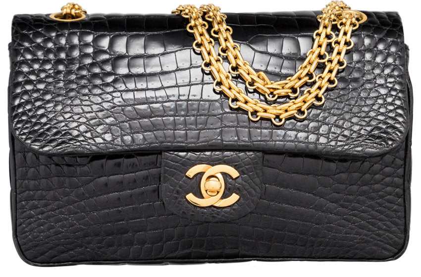 Chanel Shiny Black Crocodile Small Double Flap Bag with Gold