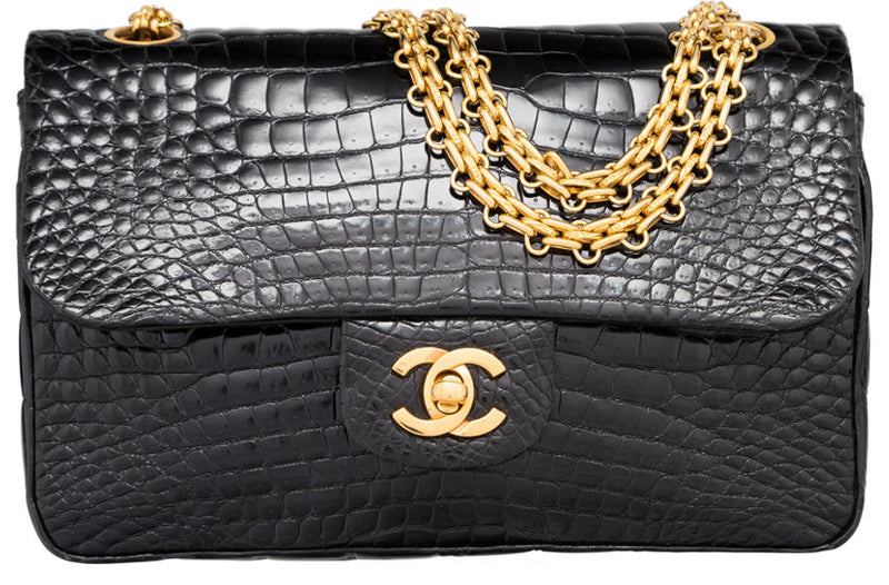 Chanel Shiny Black Crocodile Small Double Flap Bag with Gold Hardware