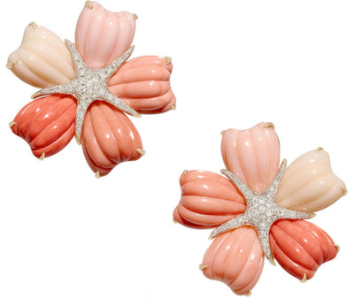 Diamond, Coral, Gold Earrings