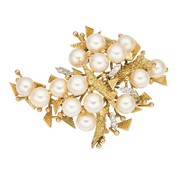 Diamond, Cultured Pearl, Gold Brooch
