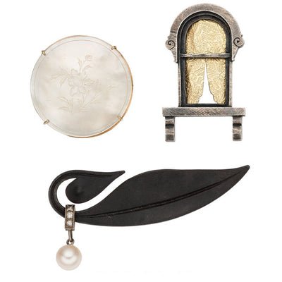 Diamond, Cultured Pearl, Mother-of-Pearl, Gold, Sterling Silver, Steel Brooches