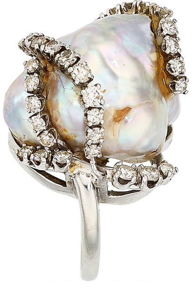 Diamond, Cultured Pearl, Platinum Ring