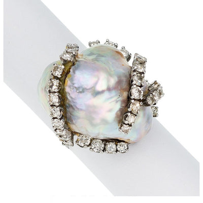 Diamond, Cultured Pearl, Platinum Ring