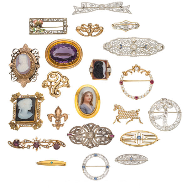 Diamond, Multi-Stone, Glass, Seed Pearl, Cultured Pearl, Enamel, Platinum, Gold, Silver, Yellow Metal Brooches