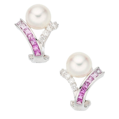 Diamond, Sapphire, Cultured Pearl, White Gold Earrings, Mikimoto