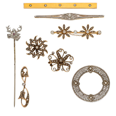 Diamond, Seed Pearl, Platinum, Platinum-Topped Gold, Gold, Yellow Metal Jewelry
