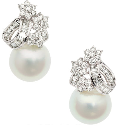 Diamond, South Sea Cultured Pearl, White Gold Earrings