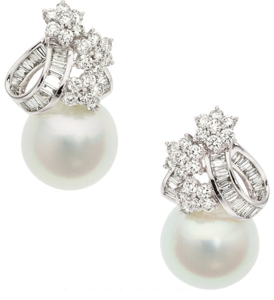 Diamond, South Sea Cultured Pearl, White Gold Earrings