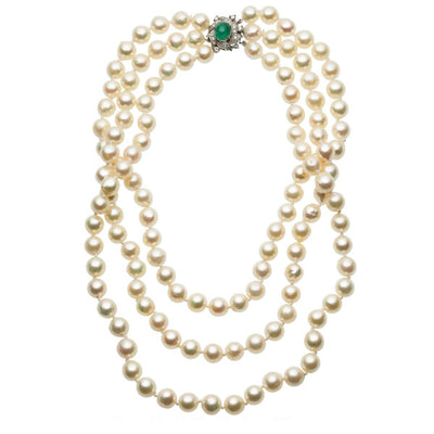 Emerald, Diamond, Cultured Pearl, White Gold Necklace