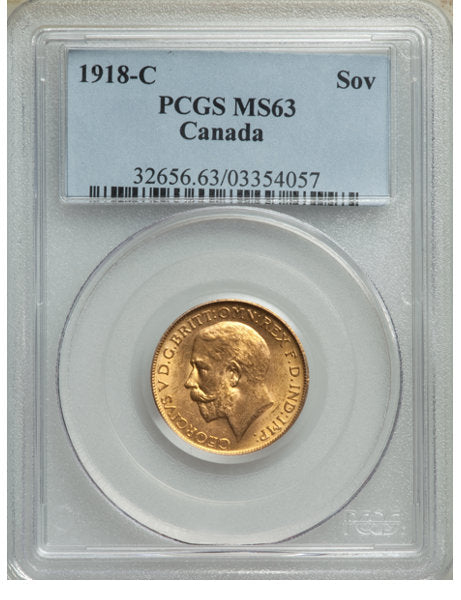 George V gold Sovereign 1918-C MS63 PCGS