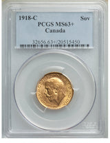 George V gold Sovereign 1918-C MS63+ PCGS