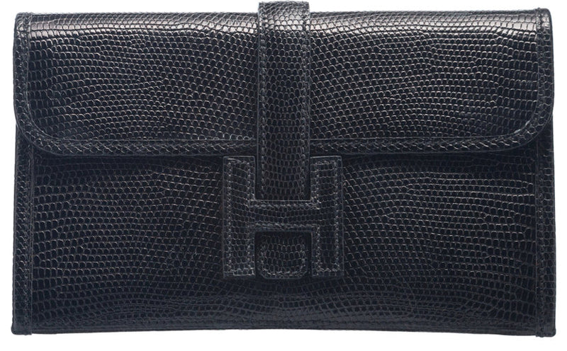Hermes 20cm Shiny Black Lizard Jige Mini Clutch Bag