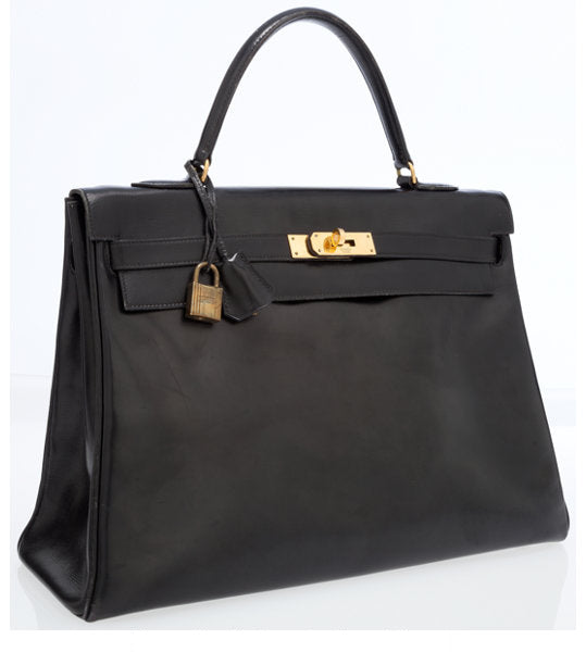 Hermes 35cm Black Calf Box Leather Retourne Kelly Bag with Gold Hardware