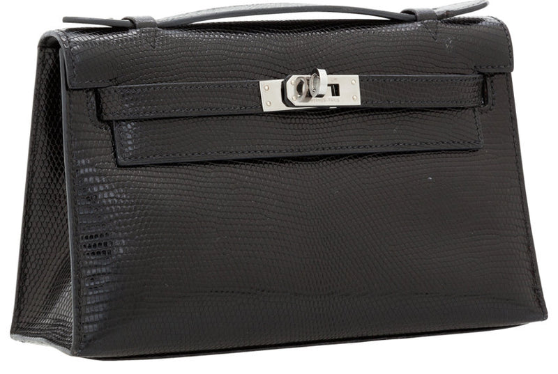 Hermes Black Lizard Kelly Pochette Clutch Bag with Ruthenium Hardware