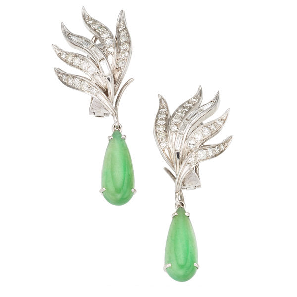 Jade, Diamond, White Gold Earrings