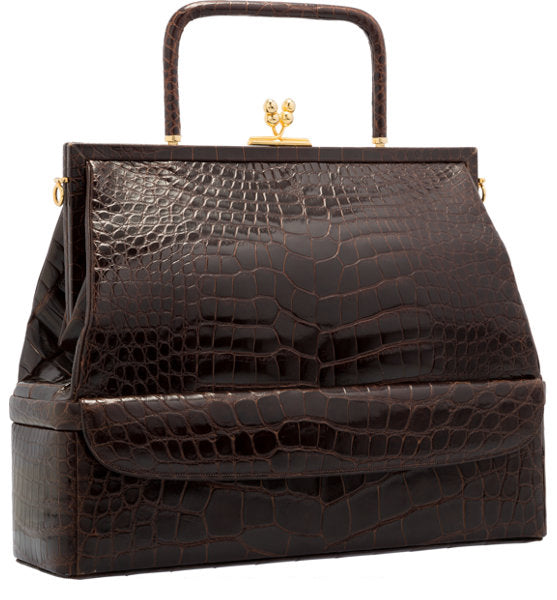Judith Leiber Brown Alligator Top Handle Bag with Gold Hardware