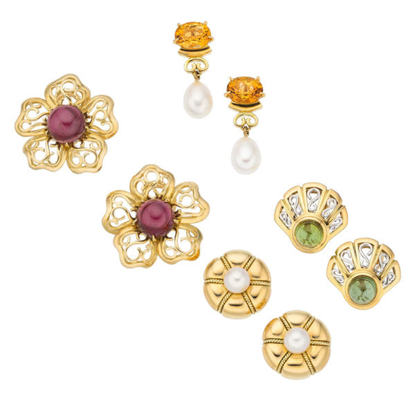 Multi-Stone, Cultured Pearl, Gold Earrings