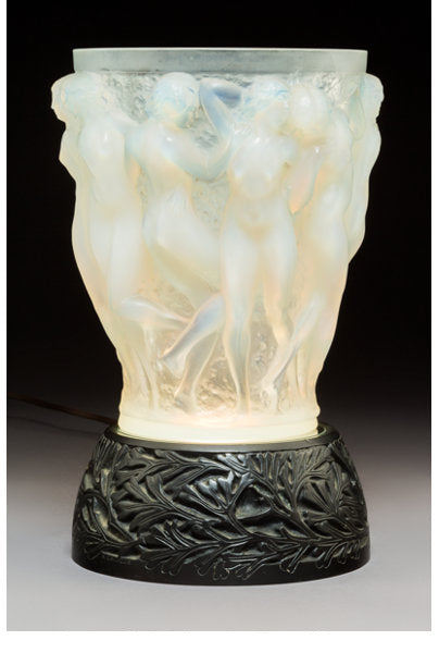 R. Lalique Opalescent Glass Bacchantes Vase on Illuminated Bronze Base