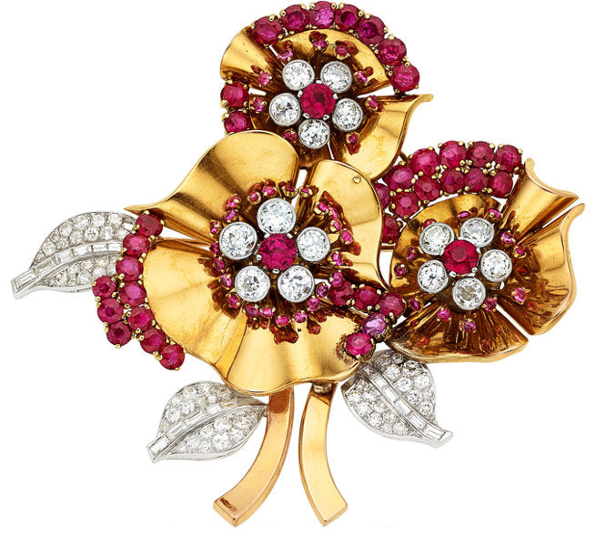 Retro Diamond, Ruby, Synthetic Ruby, Platinum, Gold Brooch, French