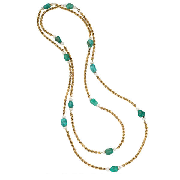 Turquoise, Freshwater Cultured Pearl, Gold Necklace