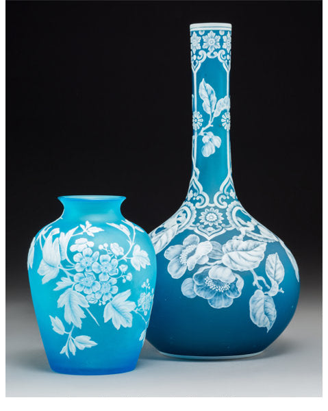 Two Stevens & Williams White Overlay Blue Glass Cherry Blossom Vases