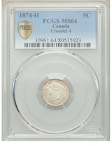 Victoria "Crosslet 4" 5 Cents 1874-H MS64 PCGS