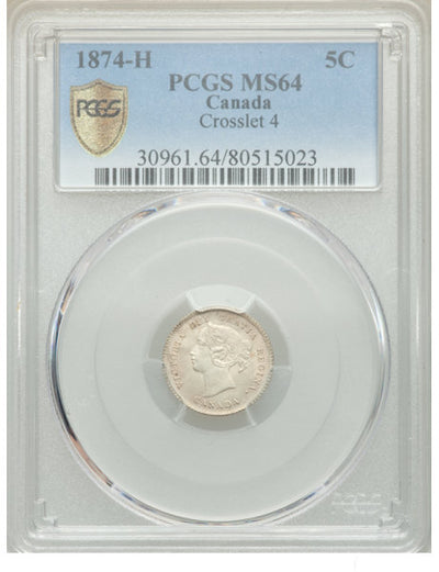 Victoria "Crosslet 4" 5 Cents 1874-H MS64 PCGS